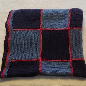 Handmade knitted wool blanket blue & red 42" x 58"